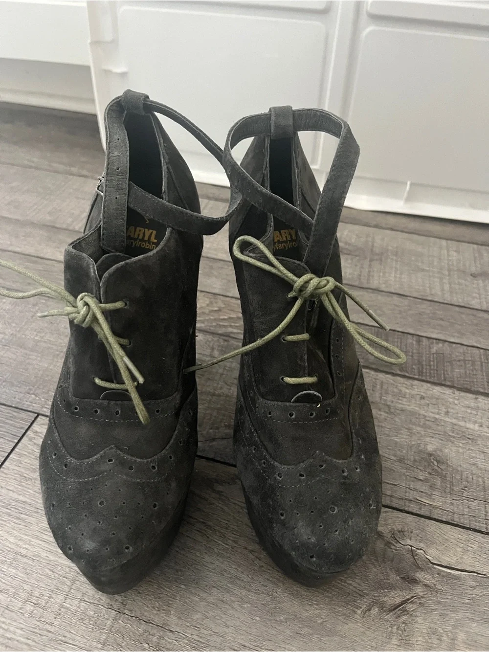Farylrobin Charcoal Gray Suede Platform Lace-Up Heels